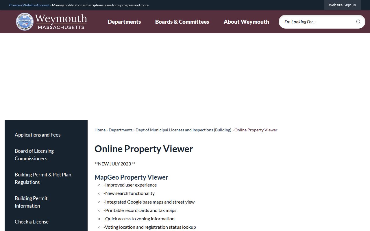 Weymouth residents directory Town Online Property Viewer introduction